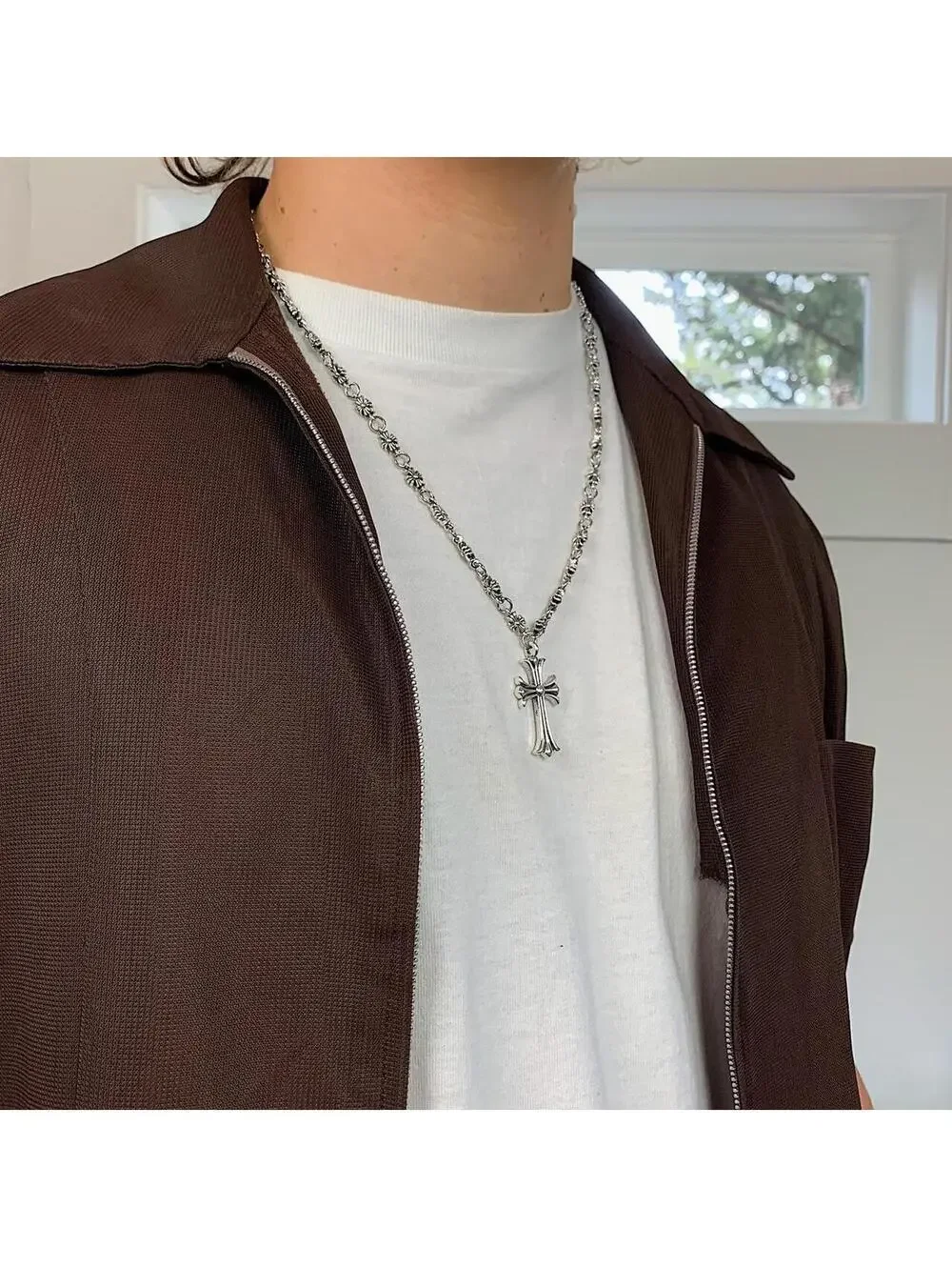 Y2K Silver Cross Necklace 24 Inch Unisex